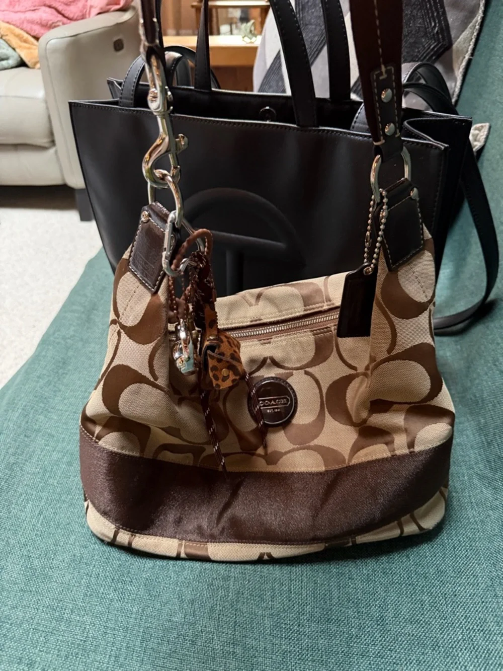 Coach Signature Stripe Hobo Bag F1182-F17434 Canvas Leather Medium - Picture 3 of 8